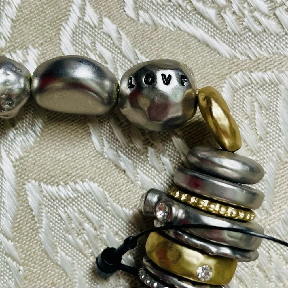 NWT Chico’s Silver Gold Tone Rhinestone Love Theme Mixed Media Stretch Bracelet